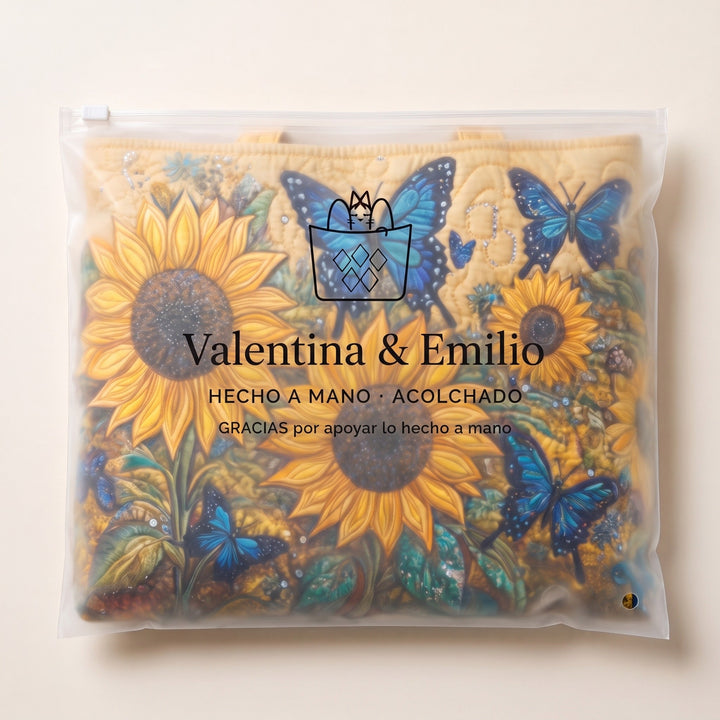 Bolso Artesanal — Girasoles y Mariposas Azules